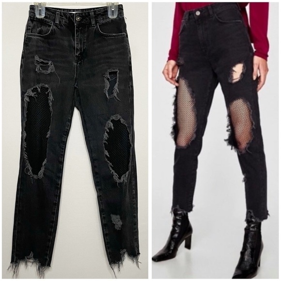 Zara Fishnet Insert High Rise Distressed Edgy Charcoal Mom Jeans - Picture 1 of 14